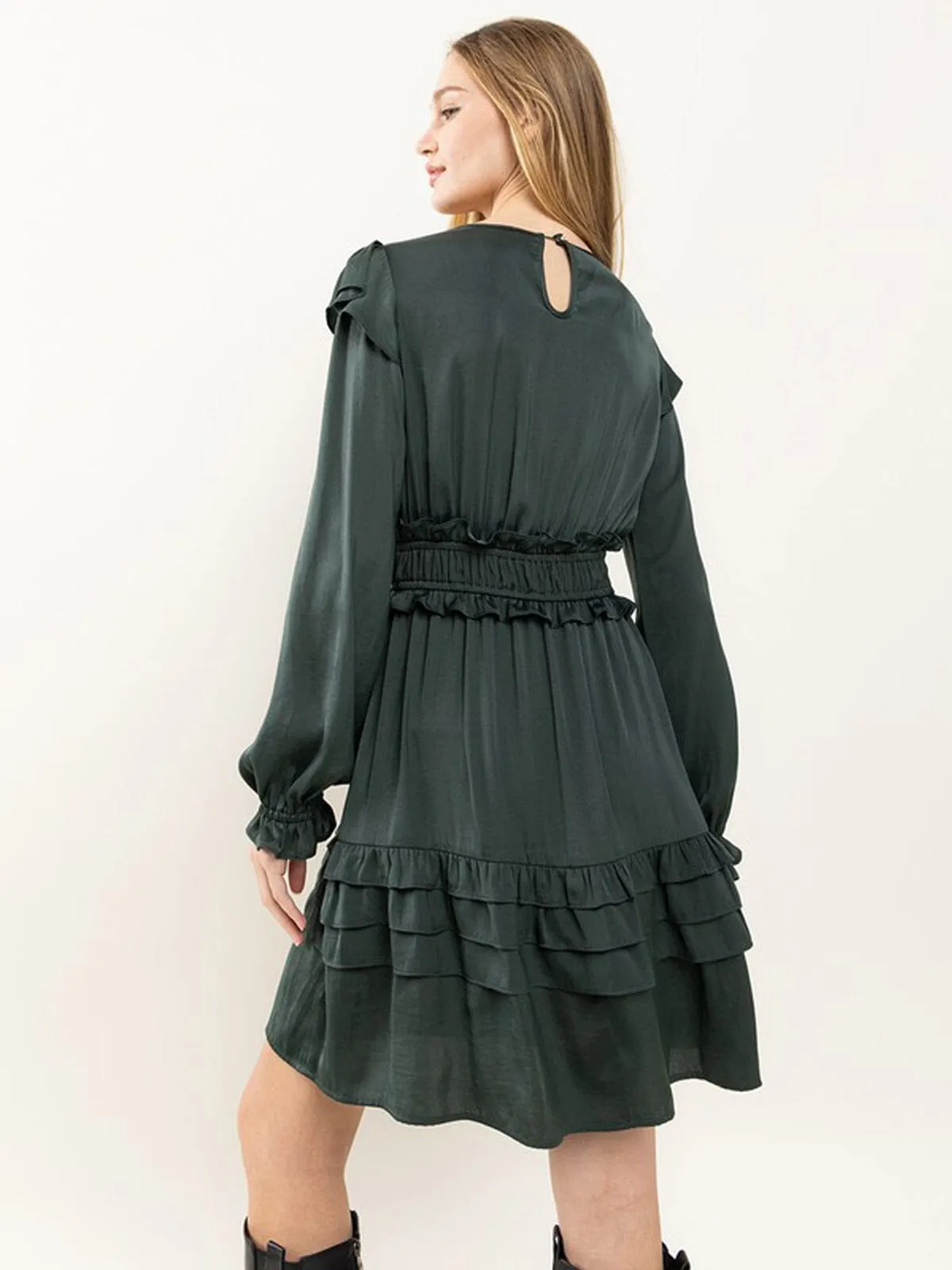 WOMEN'S LONG SLEEVE V-NECK SMOCK RUFFLE DETAILED MINI DRESS