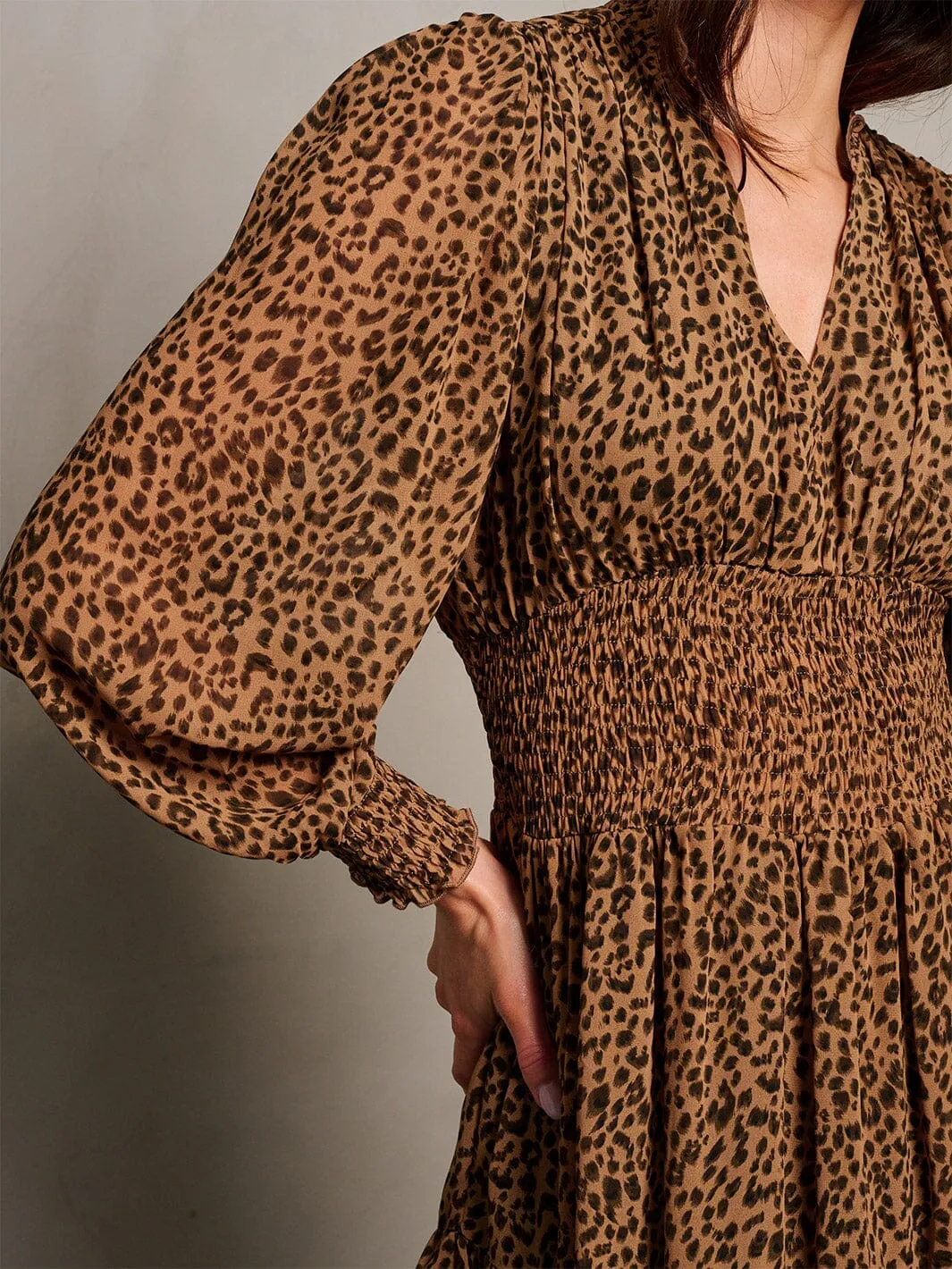 WOMEN'S LONG SLEEVE V-NECK SMOCK WAIST RUFFLE ANIMAL PRINT MINI DRESS