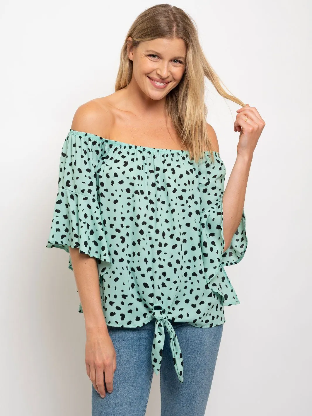 WOMEN'S OFF SHOULDER ANIMAL PRINT FRONT TIE TOP