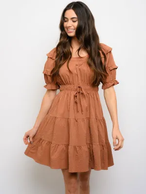 WOMEN'S PUFF SHORT SLEEVE SMOCKED WAIST MINI DRESS