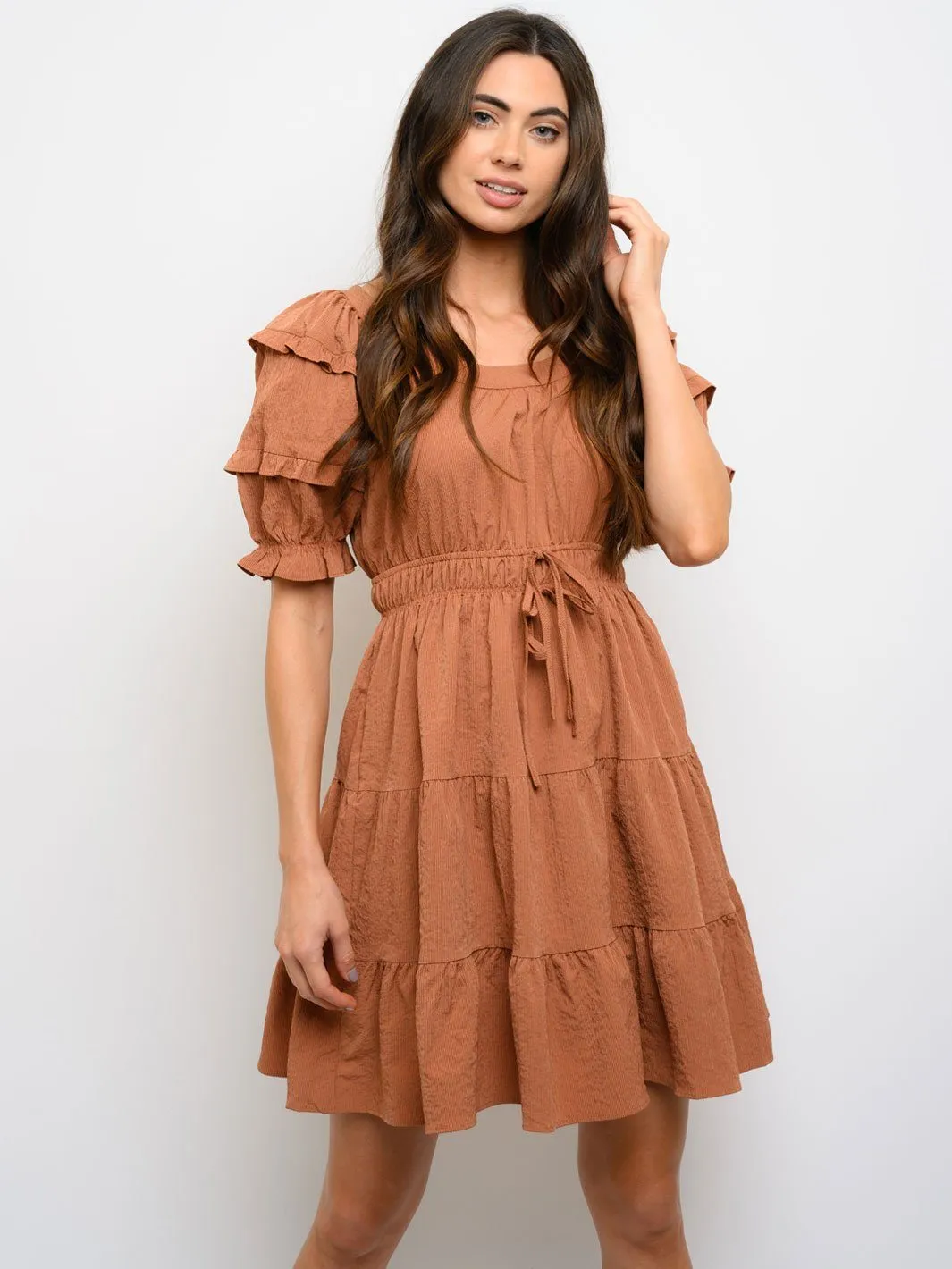 WOMEN'S PUFF SHORT SLEEVE SMOCKED WAIST MINI DRESS