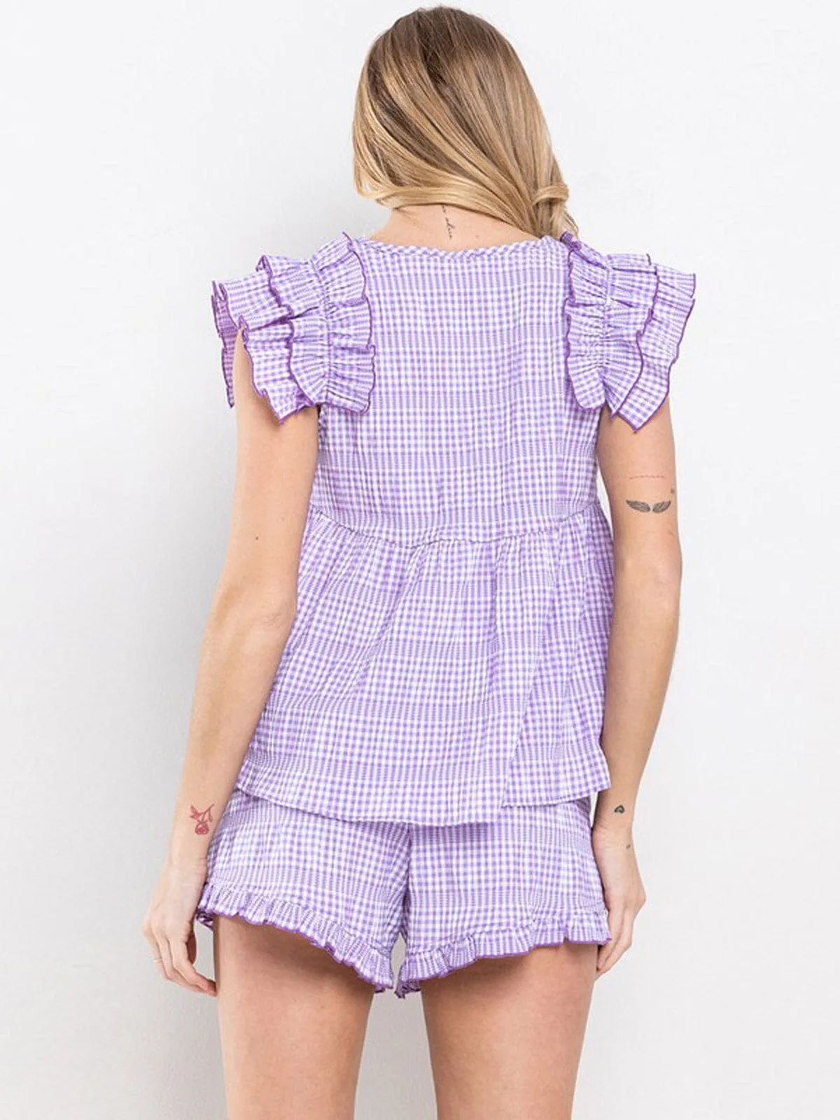 WOMEN'S RUFFLE SLEEVE BLOUSE TOP & ELASTIC WAIST SHORTS PLAID 2PC SET