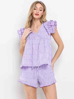 WOMEN'S RUFFLE SLEEVE BLOUSE TOP & ELASTIC WAIST SHORTS PLAID 2PC SET