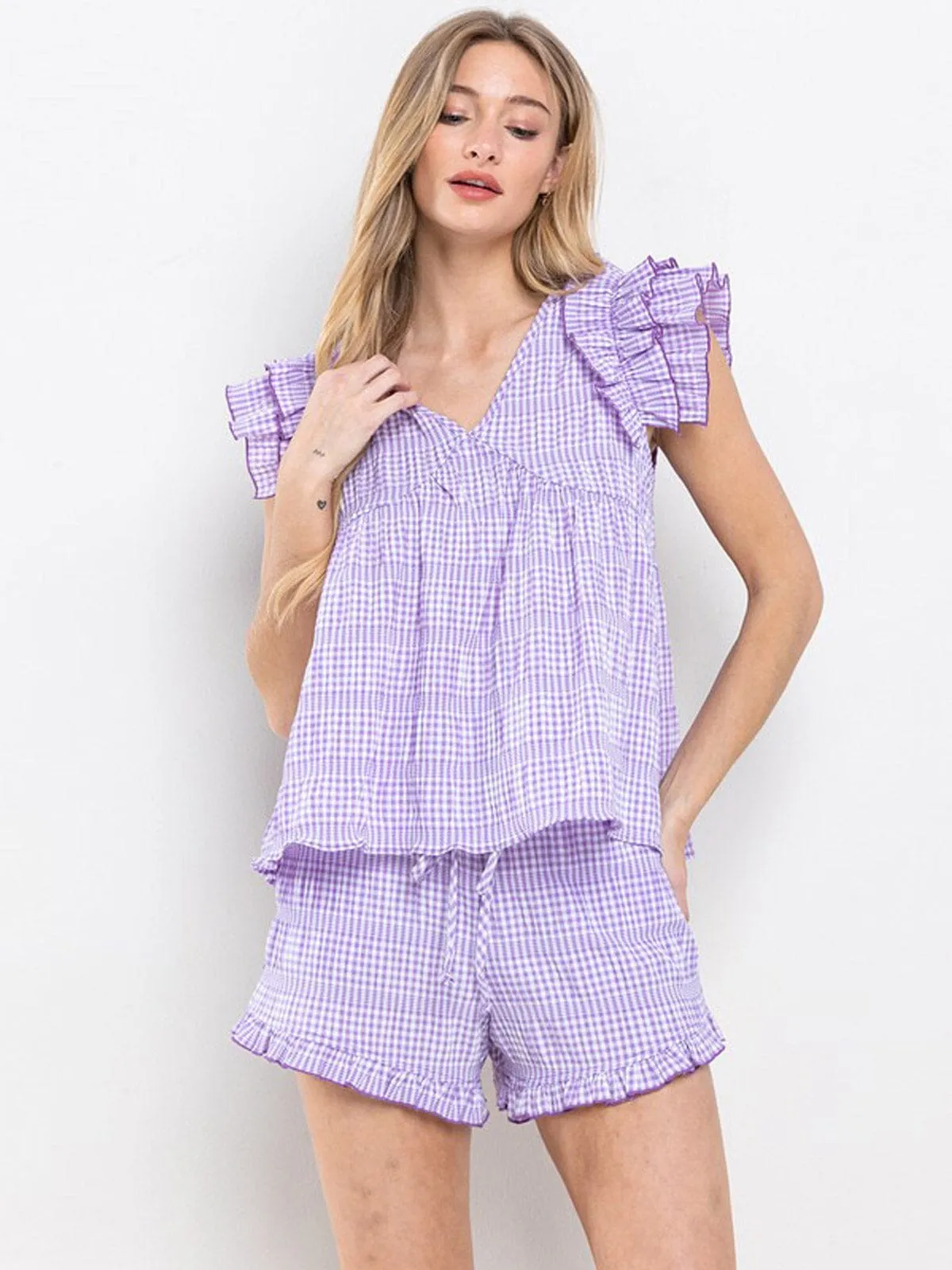 WOMEN'S RUFFLE SLEEVE BLOUSE TOP & ELASTIC WAIST SHORTS PLAID 2PC SET