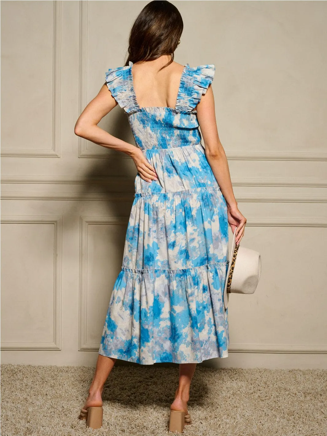 WOMEN'S RUFFLE SLEEVES SMOCK POCKETS TIERED TIE DYE MAXI DRESS