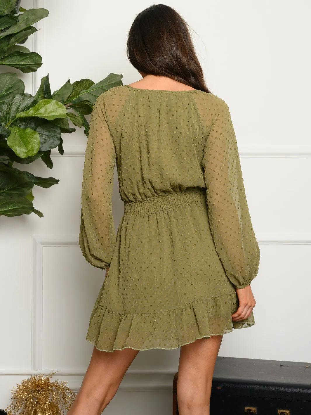 WOMEN'S RUFFLE SMOCK LONG SLEEVE SWISS MINI DRESS