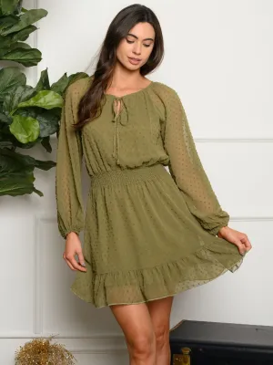 WOMEN'S RUFFLE SMOCK LONG SLEEVE SWISS MINI DRESS
