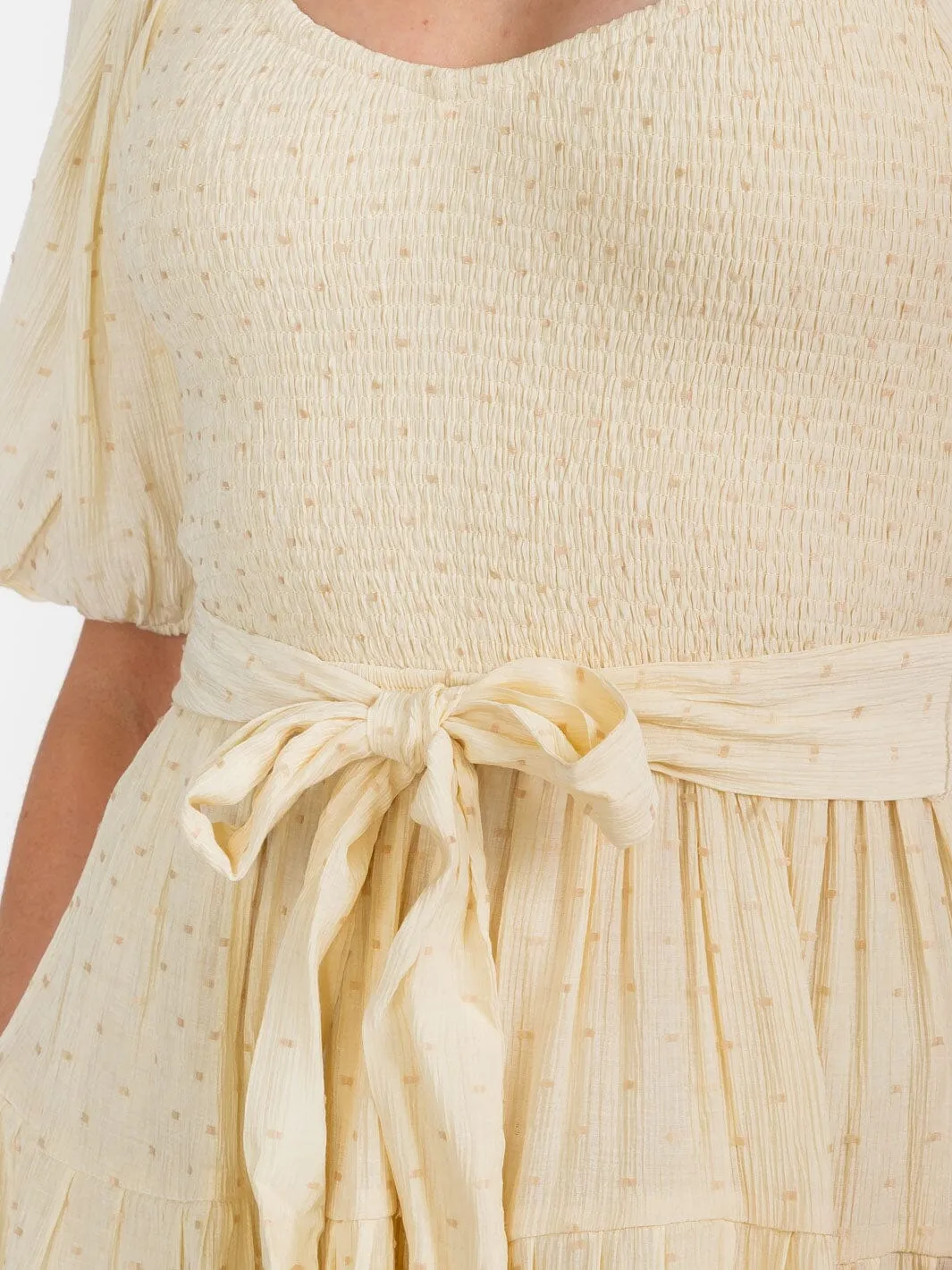 WOMEN'S SHORT PUFF SLEEVE SELF TIE SMOCK MINI DRESS