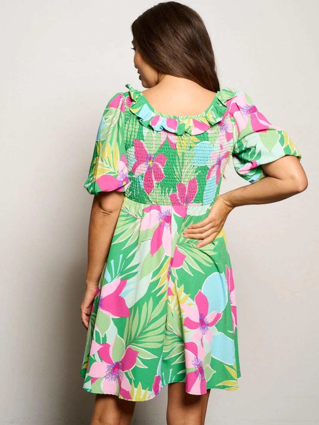 WOMEN'S SHORT PUFF SLEEVE SMOCK FLORAL MINI DRESS
