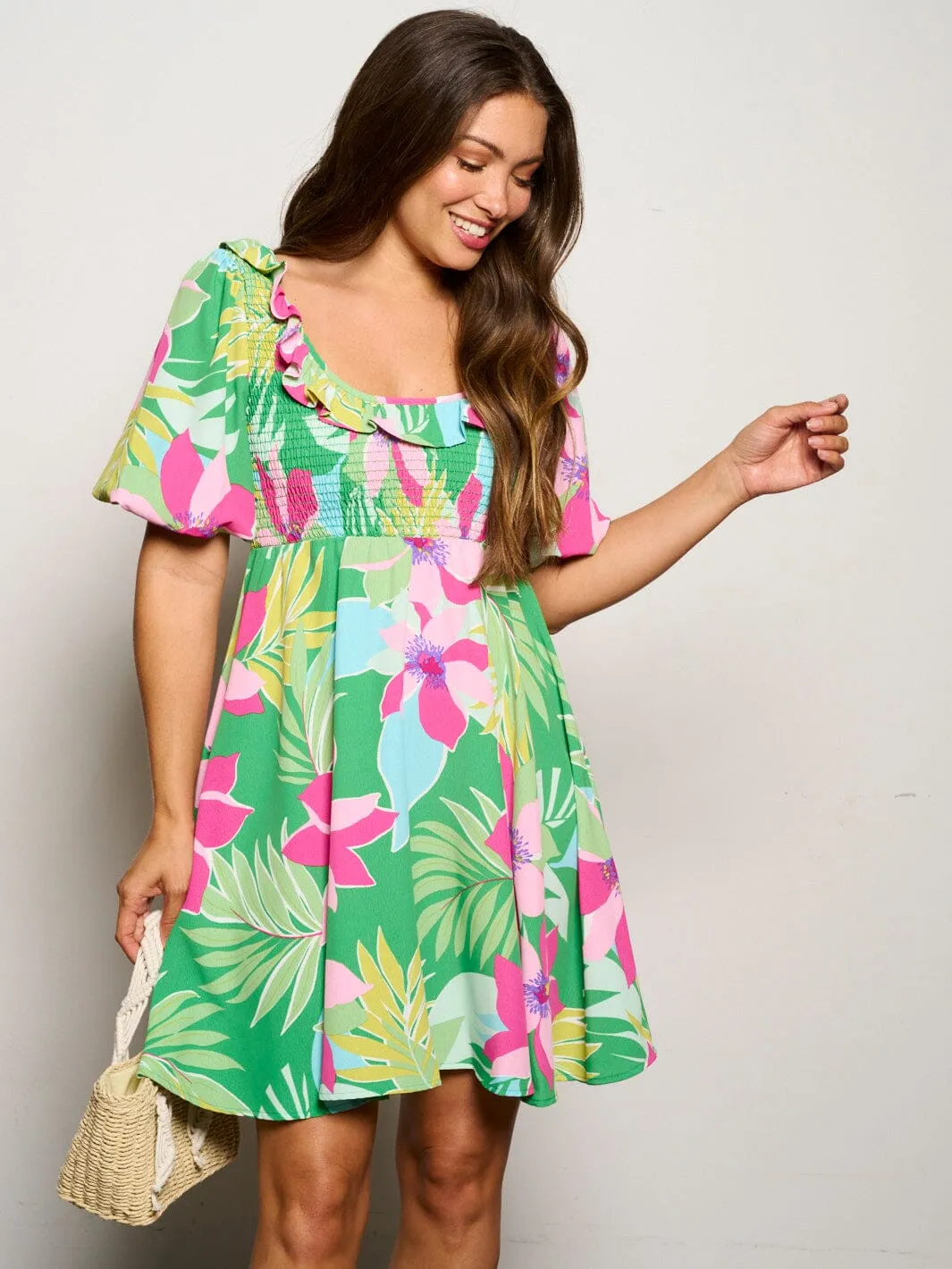 WOMEN'S SHORT PUFF SLEEVE SMOCK FLORAL MINI DRESS