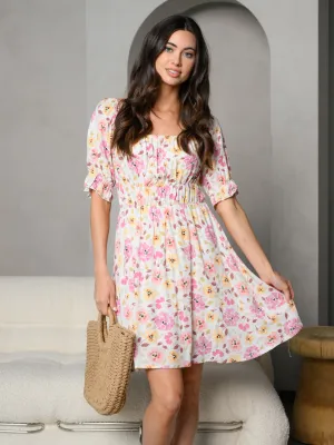 WOMEN'S SHORT PUFF SLEEVE SQUARE NECK FLORAL MINI DRESS