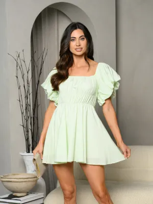 WOMEN'S SHORT PUFF SLEEVE SQUARE NECK SMOCK MINI DRESS