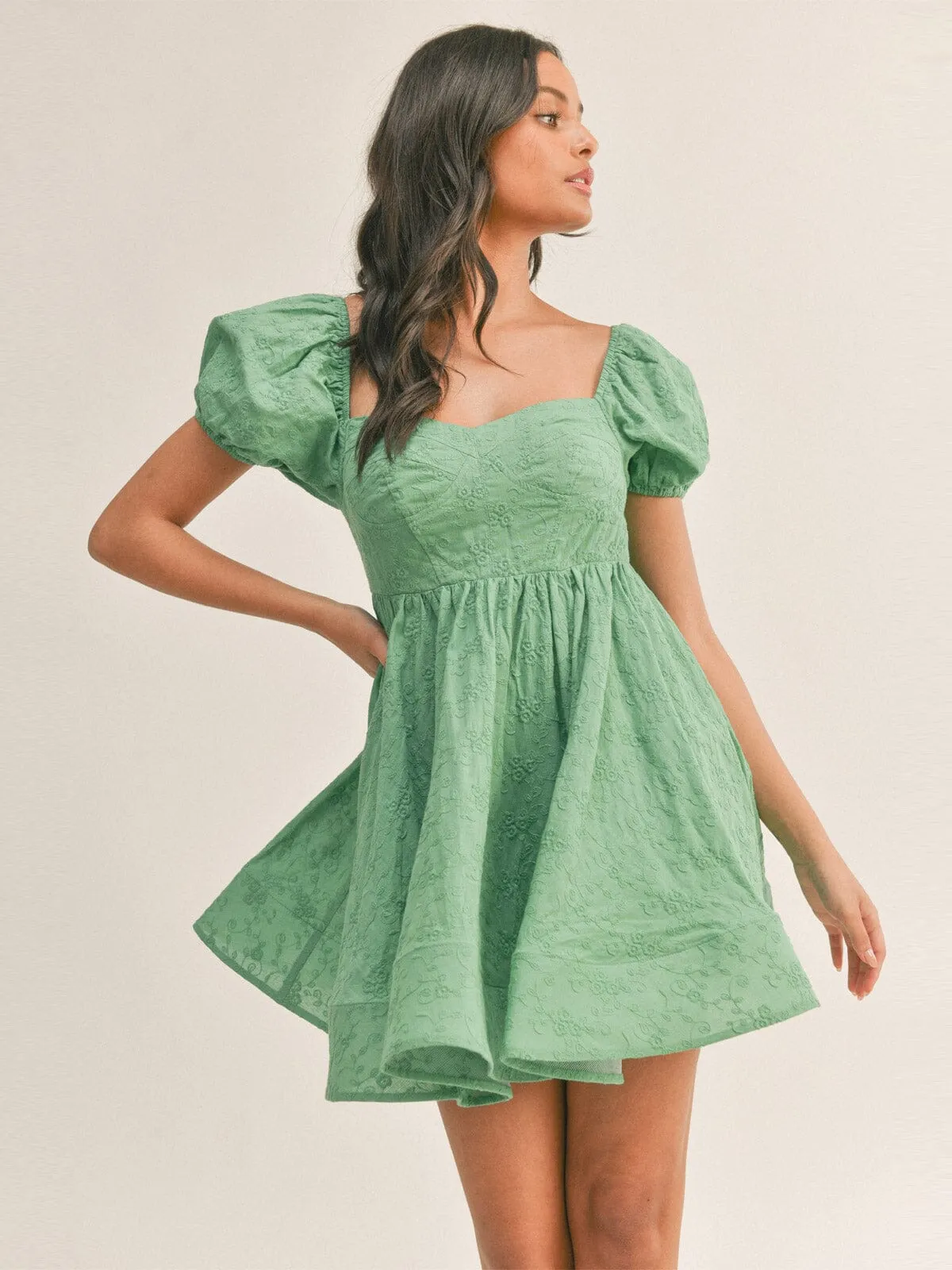 WOMEN'S SHORT PUFF SLEVE EMBROIDERY FLORAL DETAILED MINI DRESS