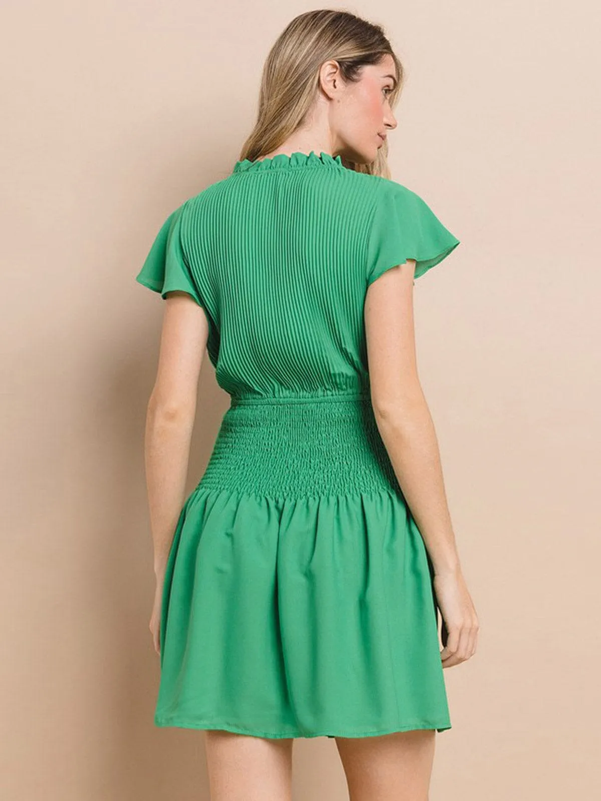 WOMEN'S SHORT RUFFLE SLEEVE MOCK NECK SMOCK MINI DRESS