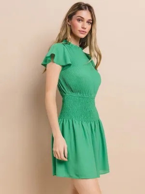 WOMEN'S SHORT RUFFLE SLEEVE MOCK NECK SMOCK MINI DRESS