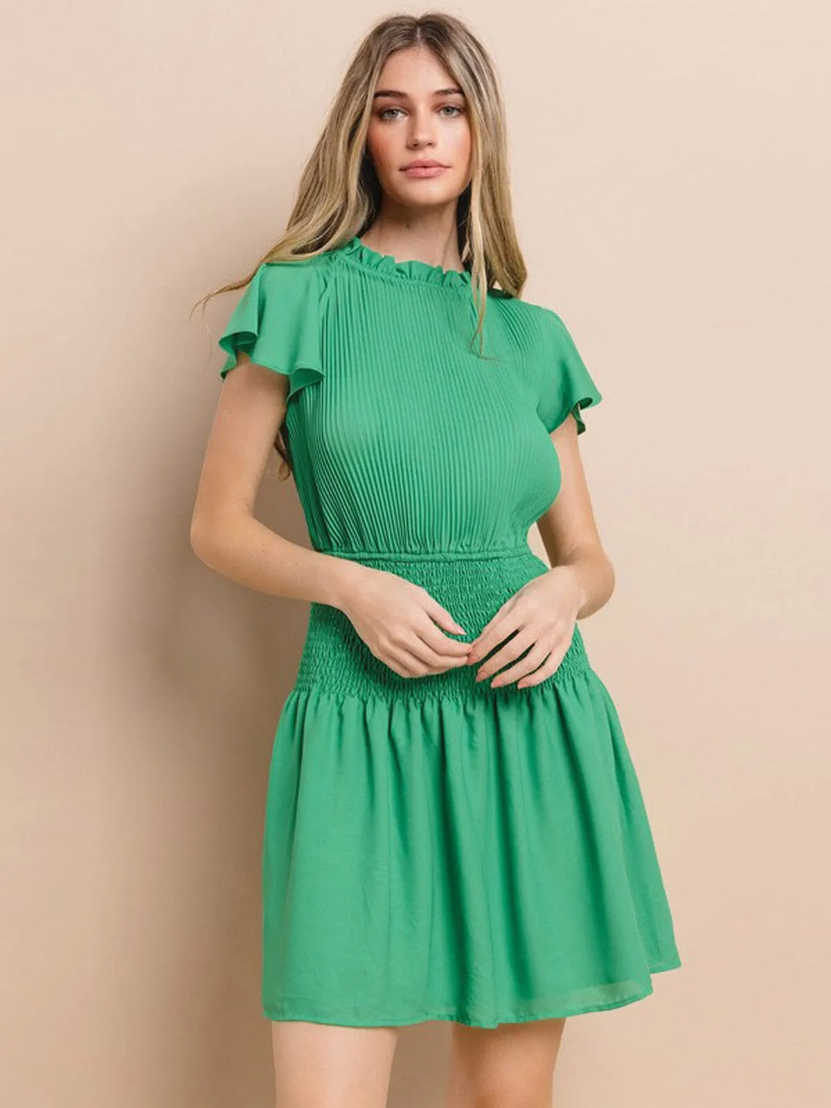 WOMEN'S SHORT RUFFLE SLEEVE MOCK NECK SMOCK MINI DRESS
