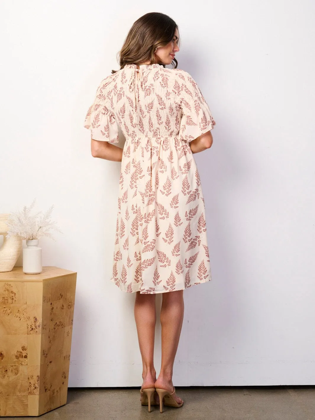 WOMEN'S SHORT RUFFLE SLEEVE SMOCK LEAF PRINT MINI DRESS