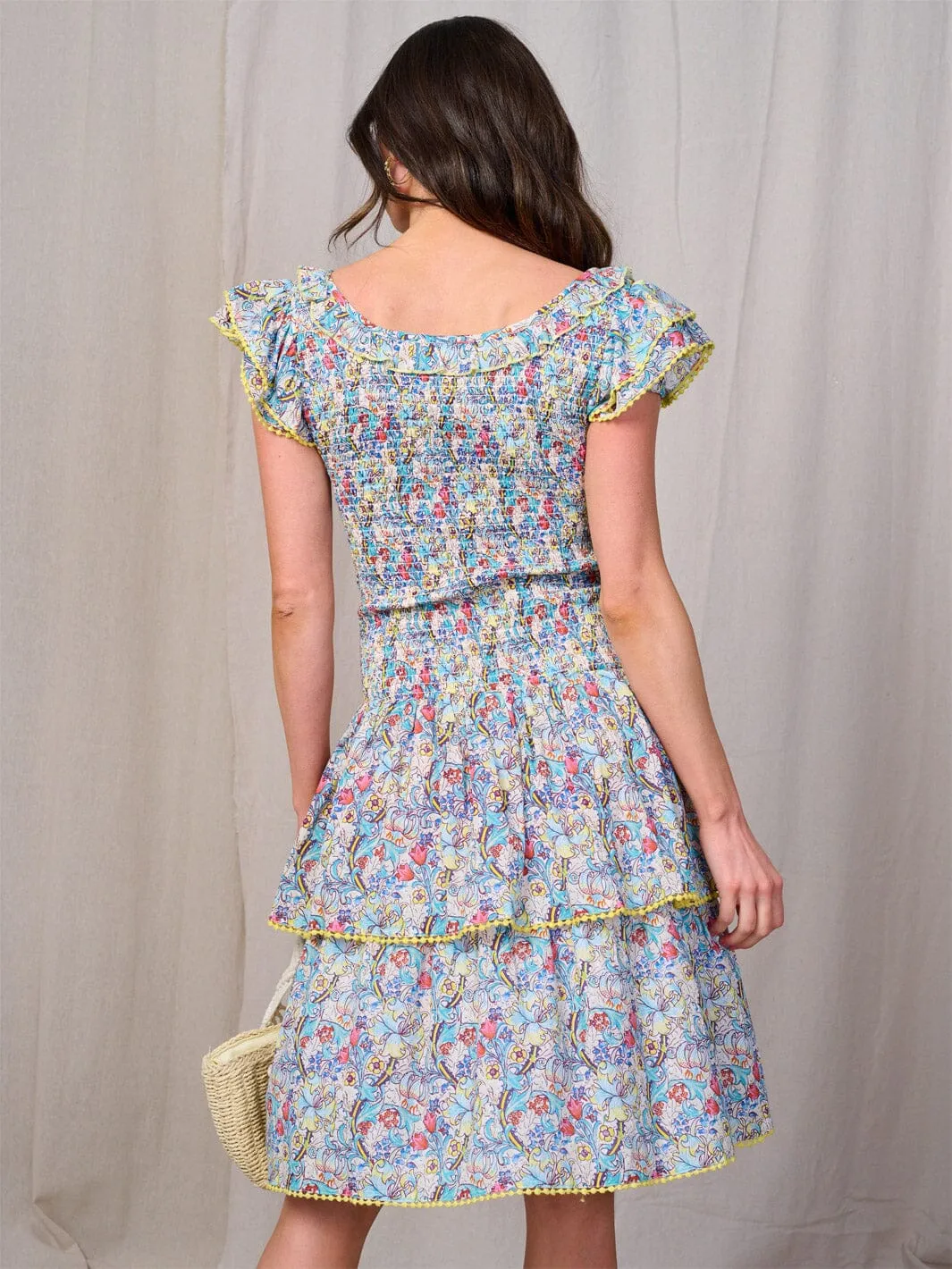 WOMEN'S SHORT RUFFLE SMOCK TIERED FLORAL MINI DRESS