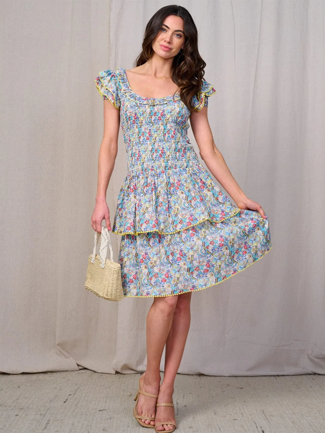 WOMEN'S SHORT RUFFLE SMOCK TIERED FLORAL MINI DRESS