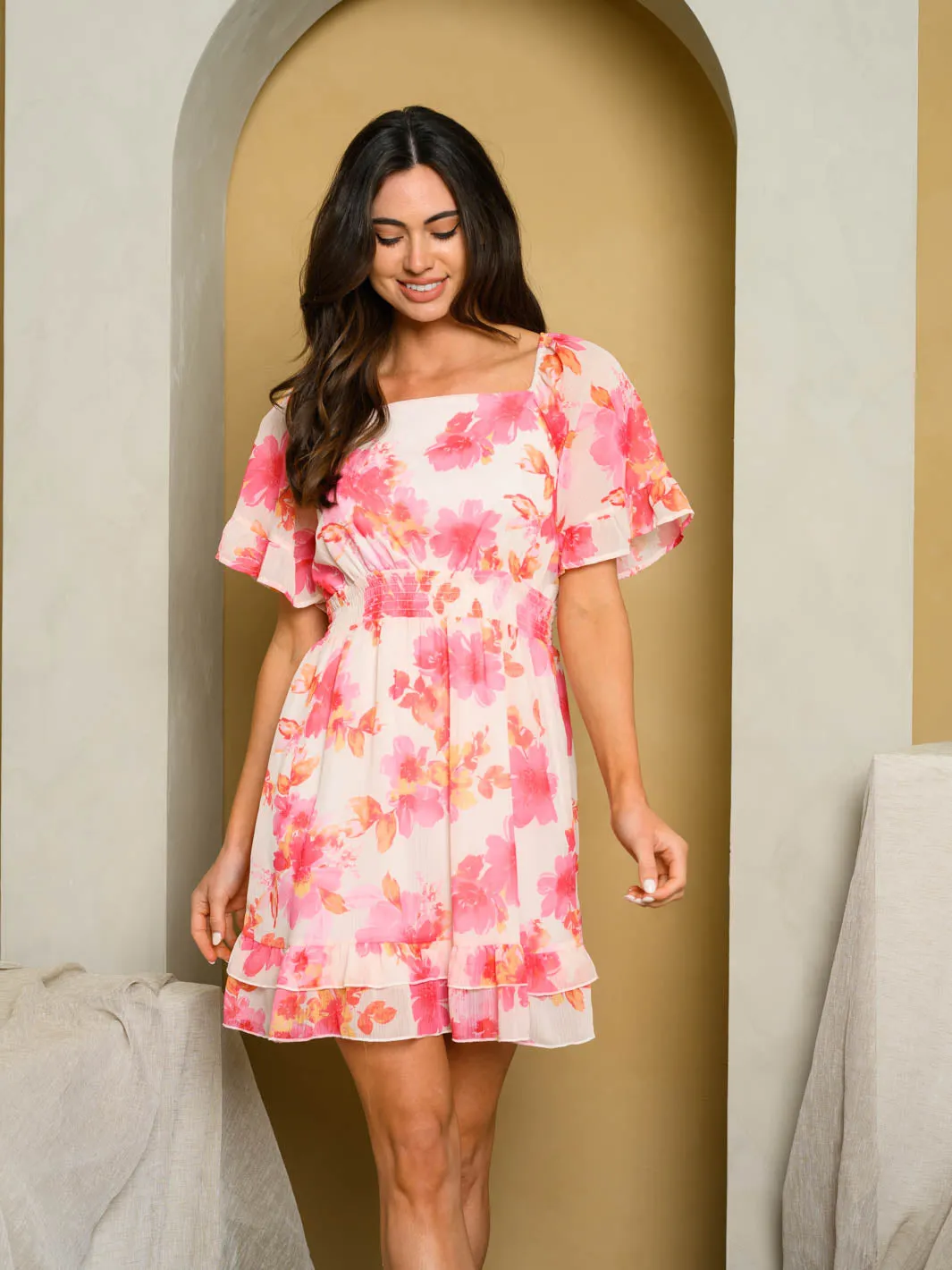 WOMEN'S SHORT SLEEVE FLORAL MINI DRESS