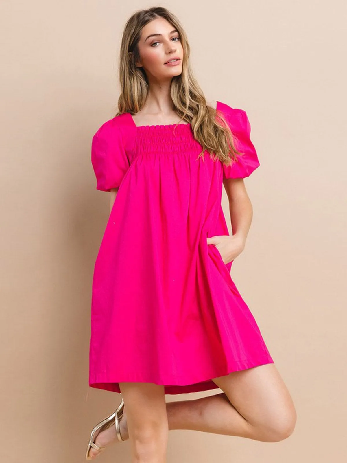 WOMEN'S SHORT SLEEVE POCKETS SMOCK TUNIC MINI DRESS