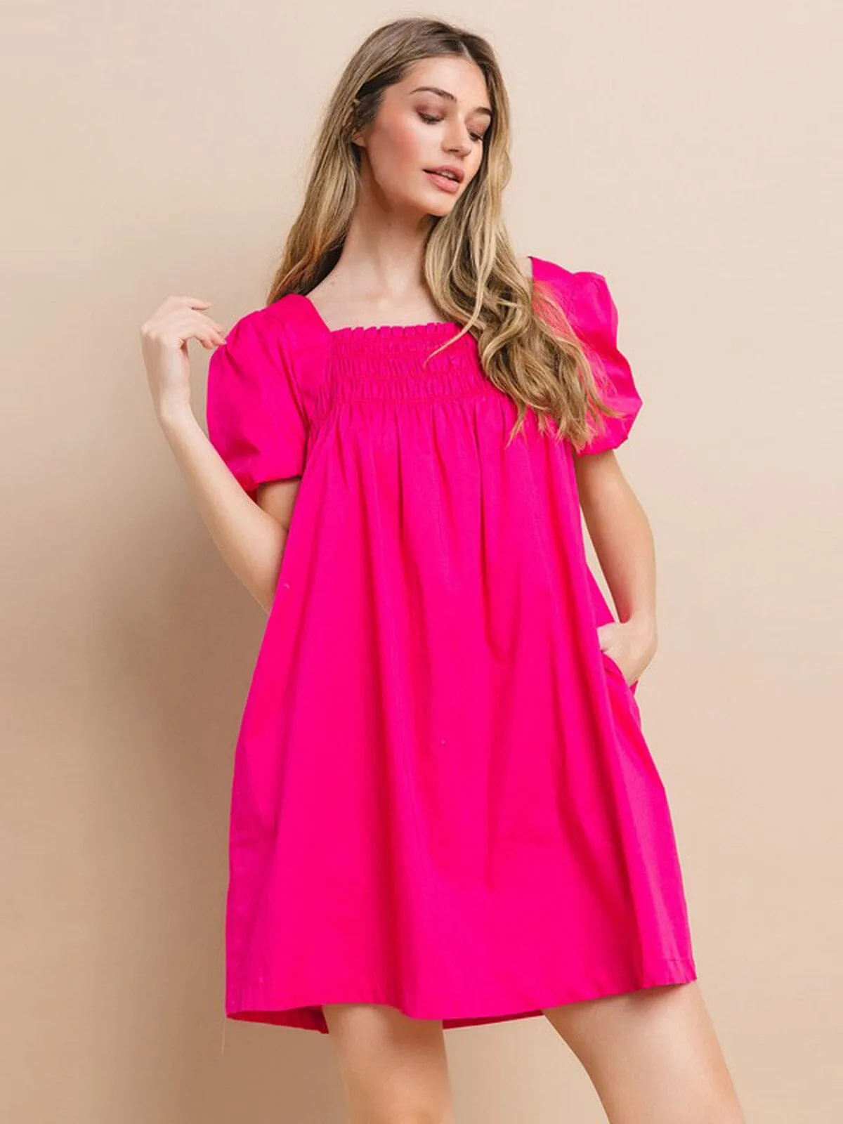 WOMEN'S SHORT SLEEVE POCKETS SMOCK TUNIC MINI DRESS