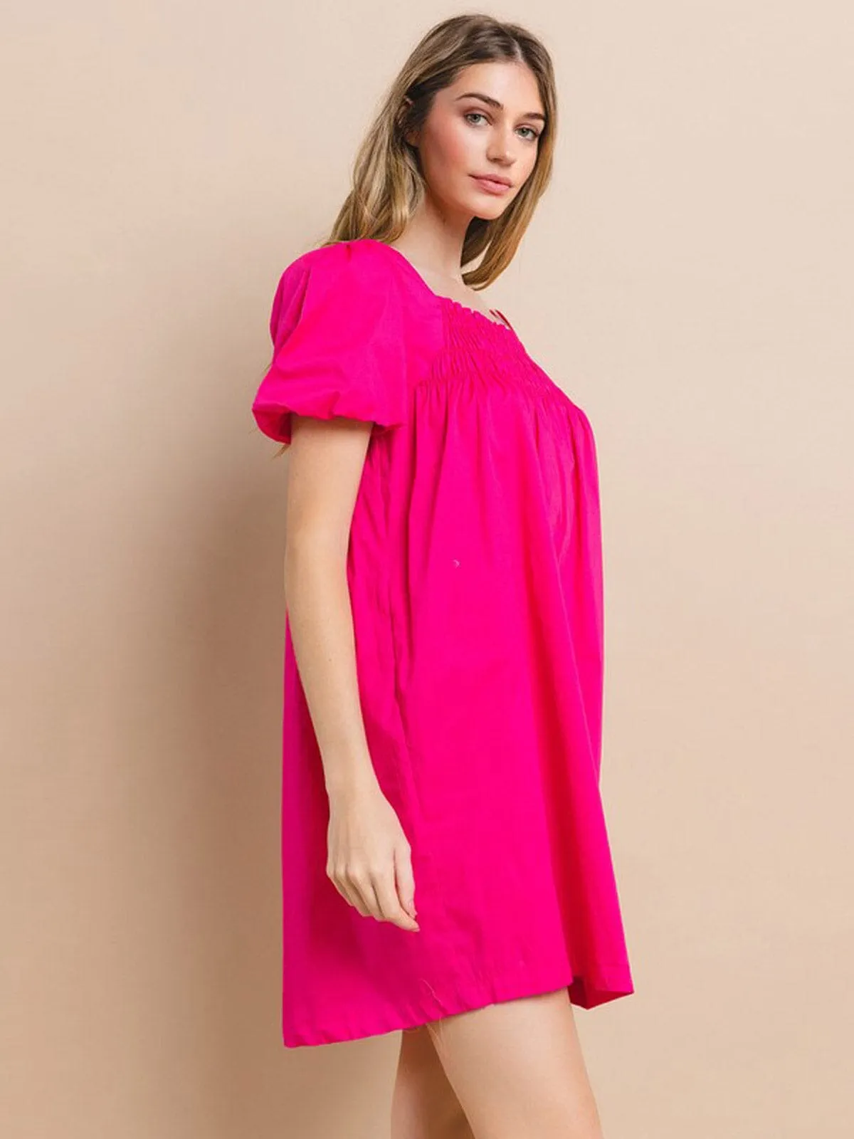 WOMEN'S SHORT SLEEVE POCKETS SMOCK TUNIC MINI DRESS