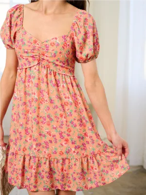 WOMEN'S SHORT SLEEVE SMOCK FLORAL MINI DRESS