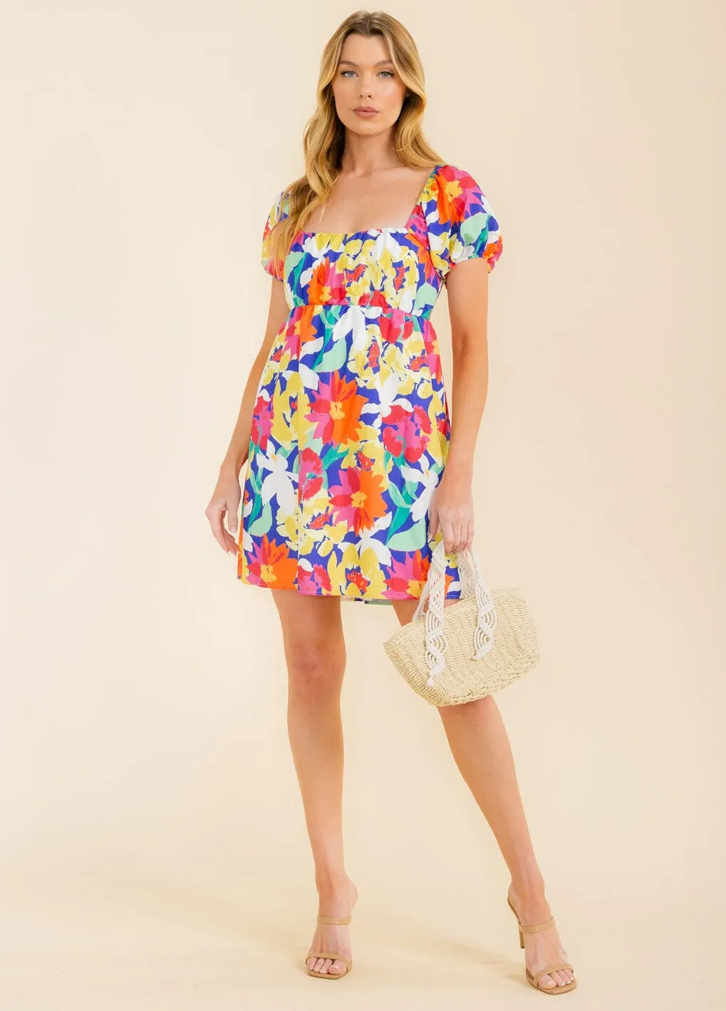WOMEN'S SHORT SLEEVE SMOCK FLORAL MINI DRESS