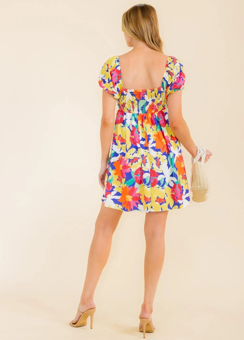 WOMEN'S SHORT SLEEVE SMOCK FLORAL MINI DRESS