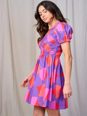 WOMEN'S SHORT SLEEVE SMOCK MULTI PRINT MINI DRESS