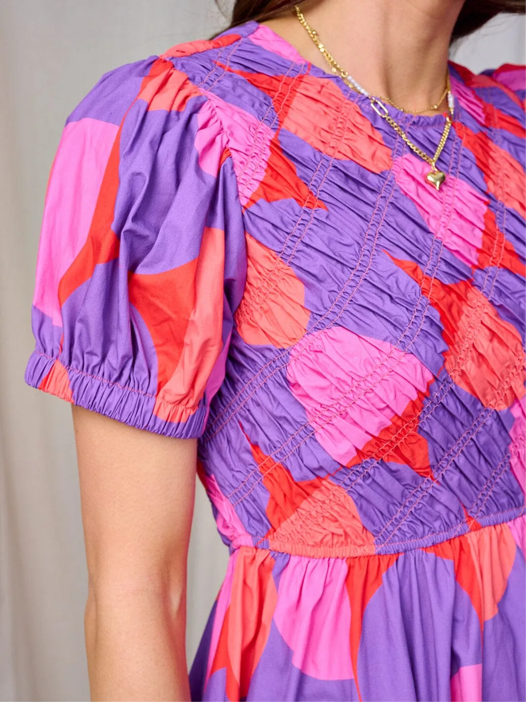 WOMEN'S SHORT SLEEVE SMOCK MULTI PRINT MINI DRESS