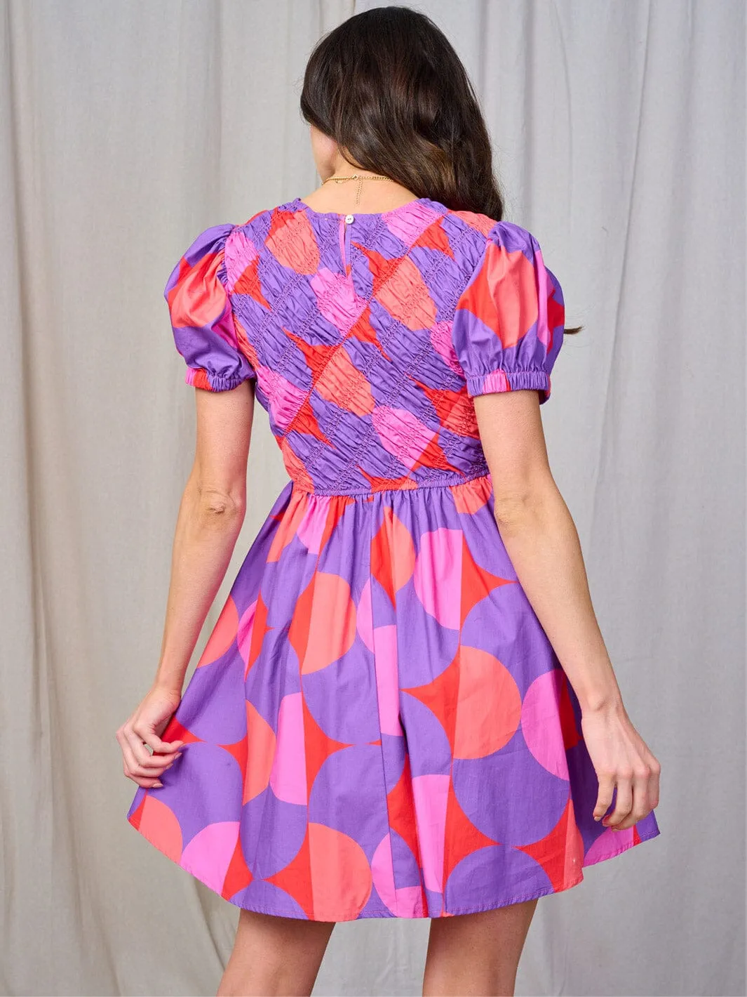 WOMEN'S SHORT SLEEVE SMOCK MULTI PRINT MINI DRESS