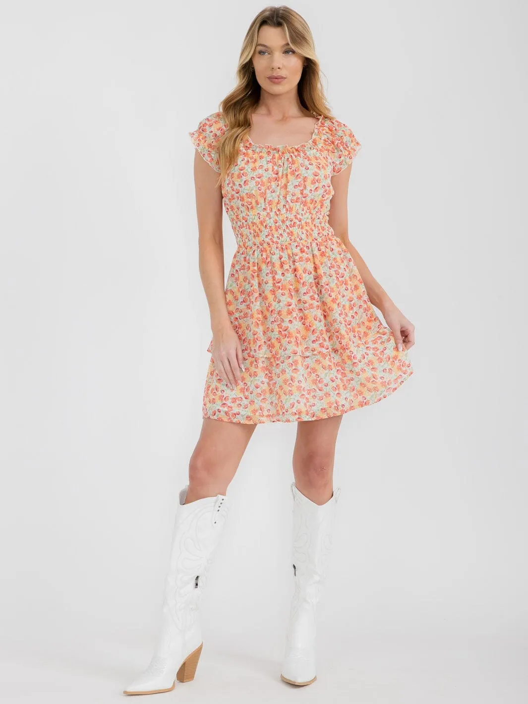 WOMEN'S SHORT SLEEVE SMOCK WAIST FLORAL MINI DRESS