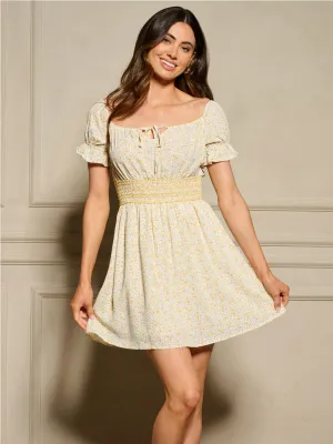 WOMEN'S SHORT SLEEVE SMOCK WAIST FLORAL MINI DRESS
