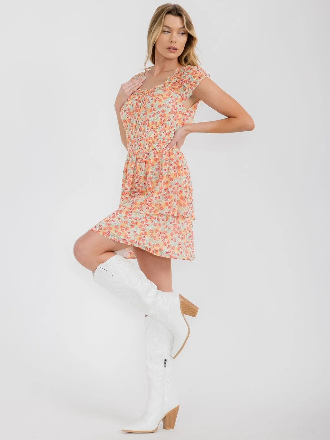 WOMEN'S SHORT SLEEVE SMOCK WAIST FLORAL MINI DRESS