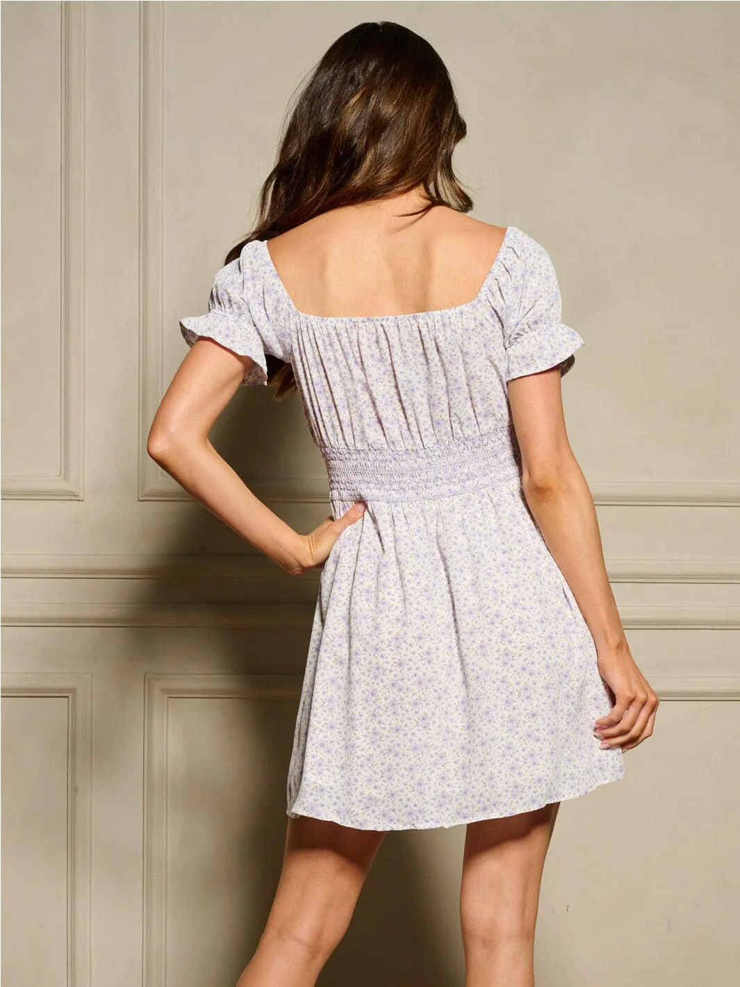 WOMEN'S SHORT SLEEVE SMOCK WAIST FLORAL MINI DRESS