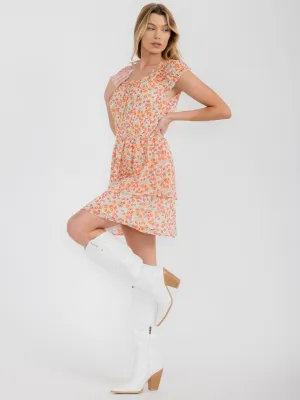 WOMEN'S SHORT SLEEVE SMOCK WAIST FLORAL MINI DRESS