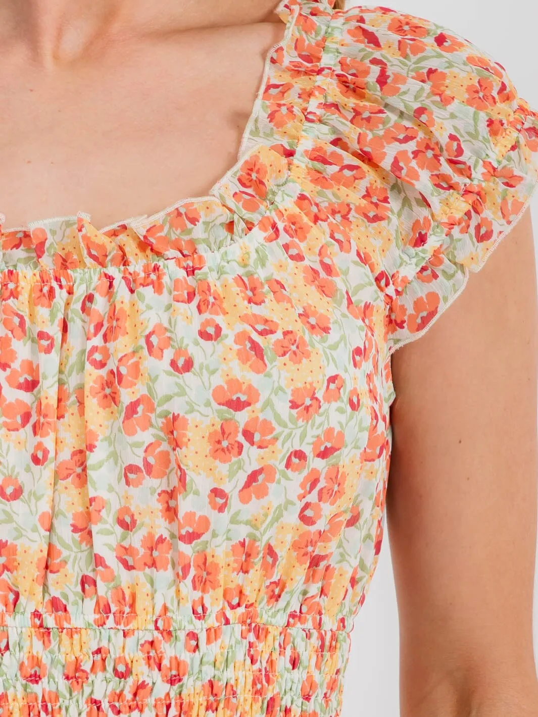 WOMEN'S SHORT SLEEVE SMOCK WAIST FLORAL MINI DRESS