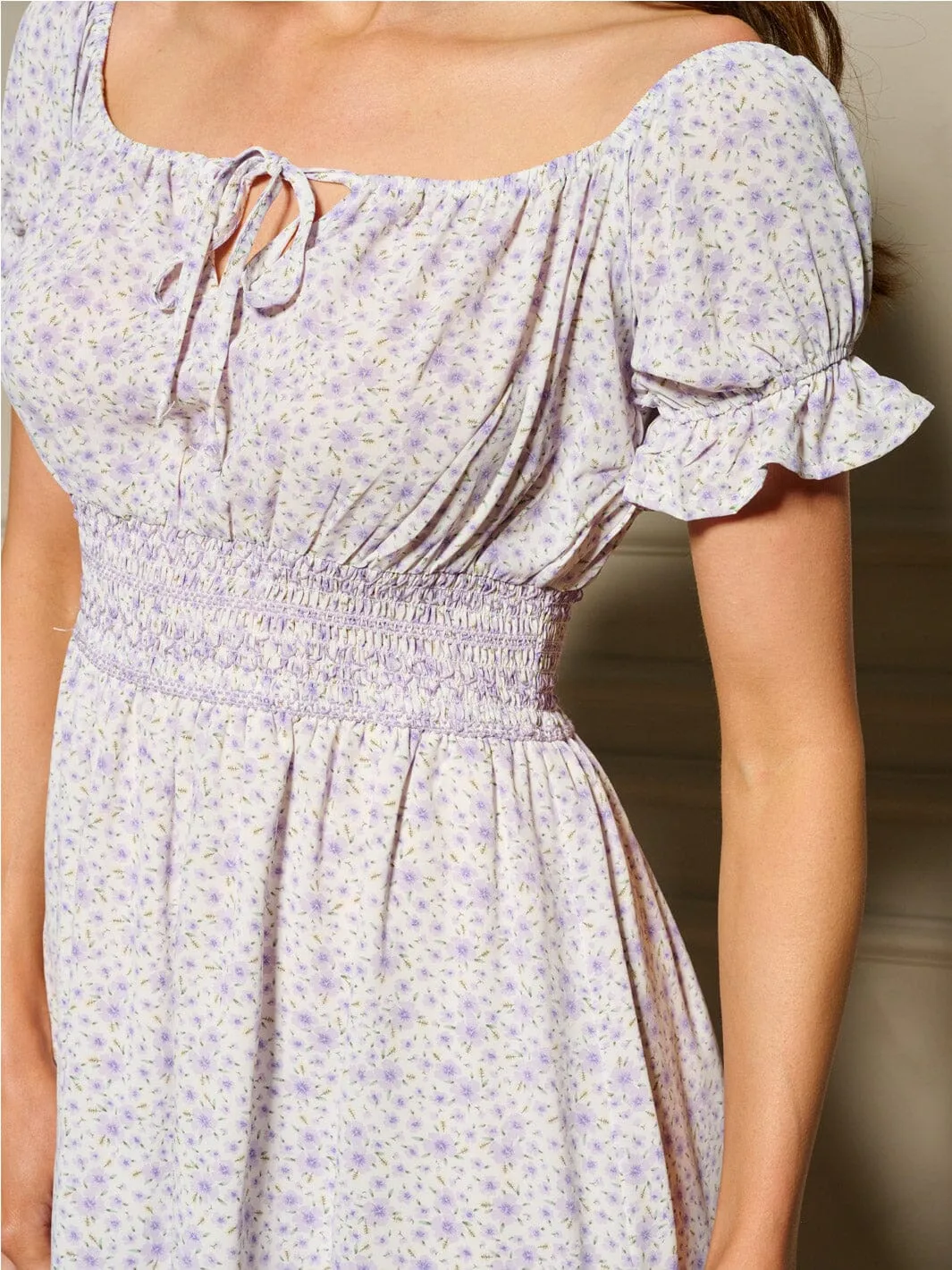 WOMEN'S SHORT SLEEVE SMOCK WAIST FLORAL MINI DRESS