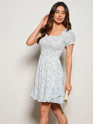 WOMEN'S SHORT SLEEVE SQUARE NECK SMOCK FLORAL MINI DRESS