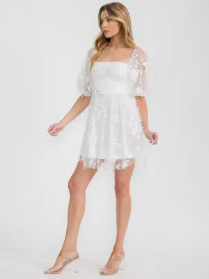 WOMEN'S SHORT SLEEVE SQUARE NECK SMOCK FLORAL MINI DRESS