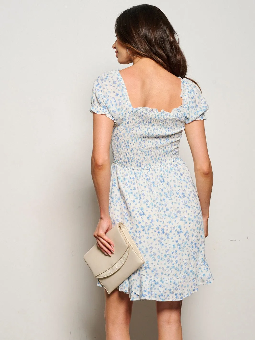WOMEN'S SHORT SLEEVE SQUARE NECK SMOCK FLORAL MINI DRESS
