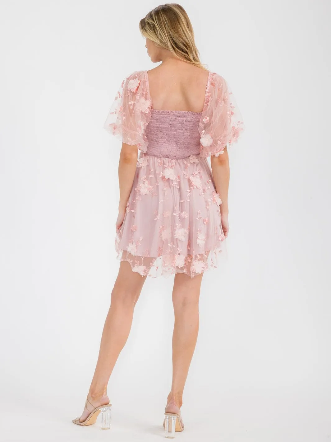 WOMEN'S SHORT SLEEVE SQUARE NECK SMOCK FLORAL MINI DRESS