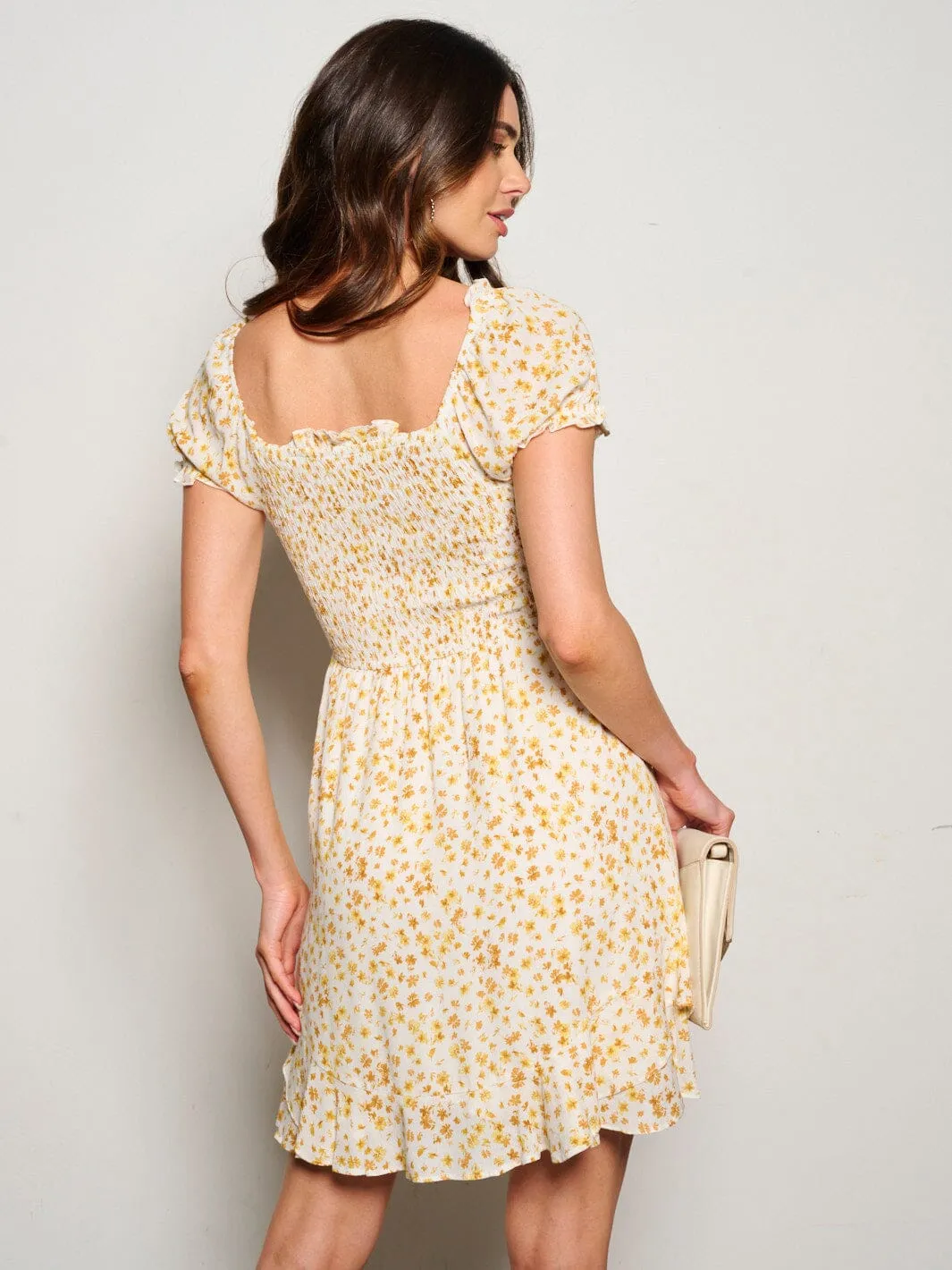 WOMEN'S SHORT SLEEVE SQUARE NECK SMOCK FLORAL MINI DRESS