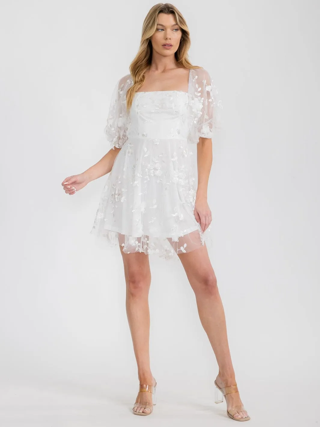 WOMEN'S SHORT SLEEVE SQUARE NECK SMOCK FLORAL MINI DRESS