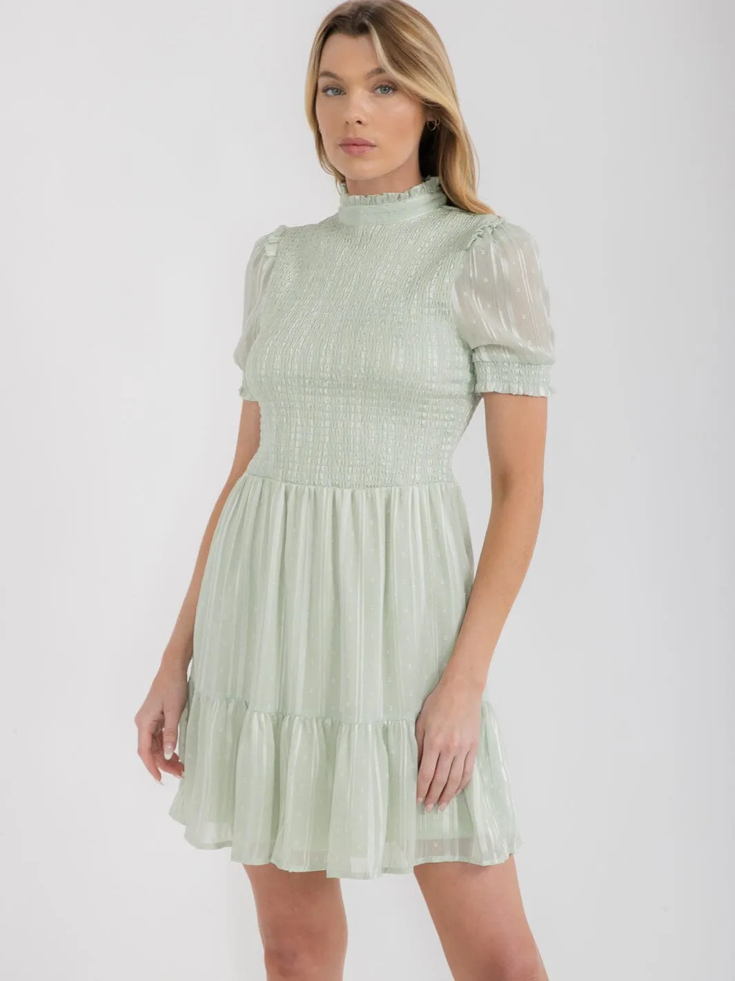 WOMEN'S SHORT SLEEVE TIERED SMOCK SWISS SHIMMER MINI DRESS