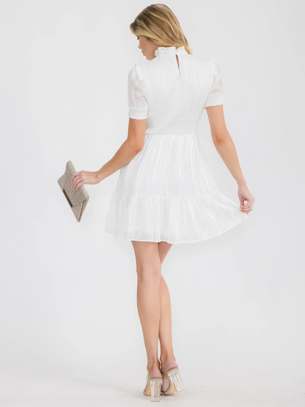 WOMEN'S SHORT SLEEVE TIERED SMOCK SWISS SHIMMER MINI DRESS