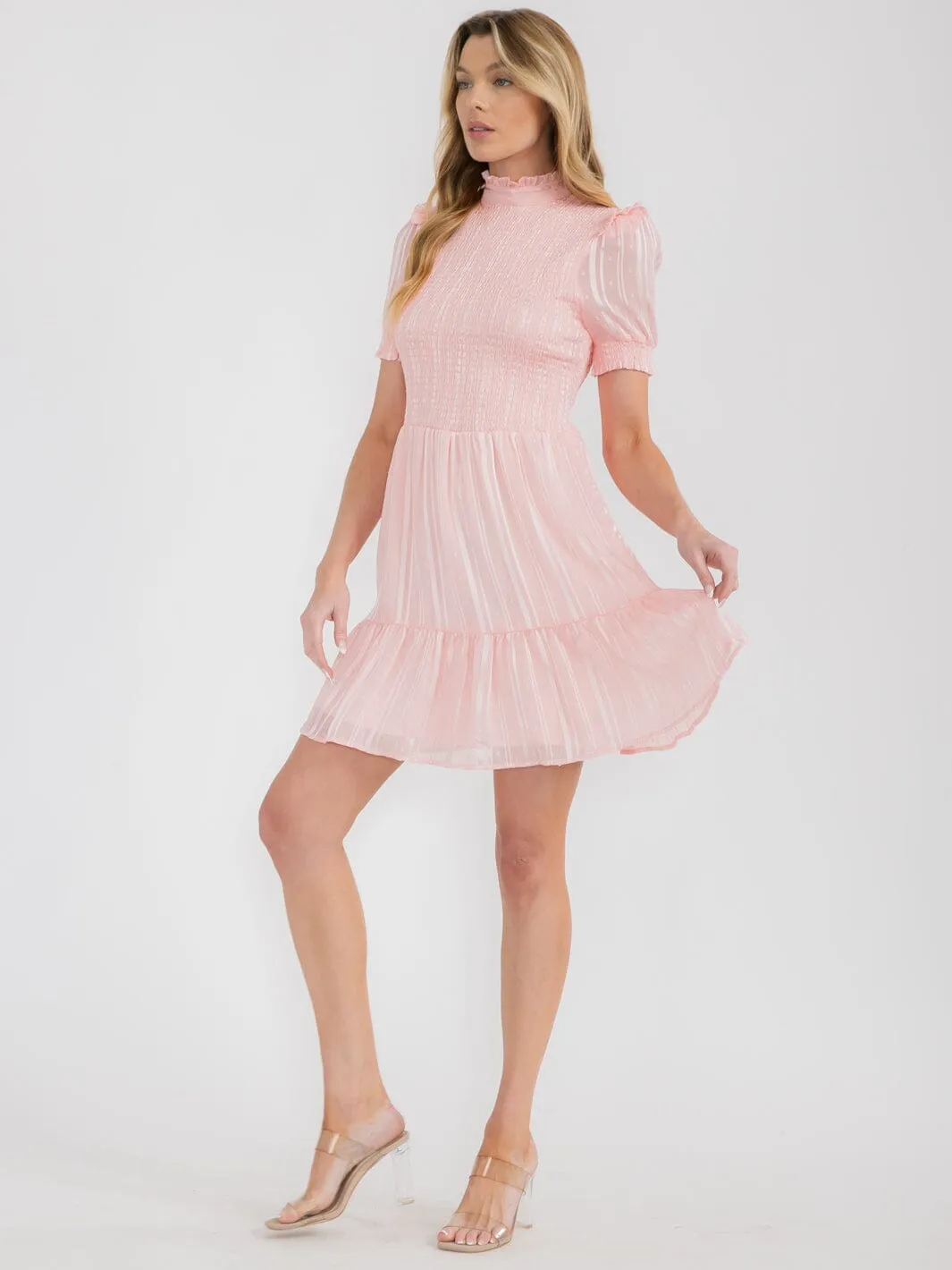 WOMEN'S SHORT SLEEVE TIERED SMOCK SWISS SHIMMER MINI DRESS