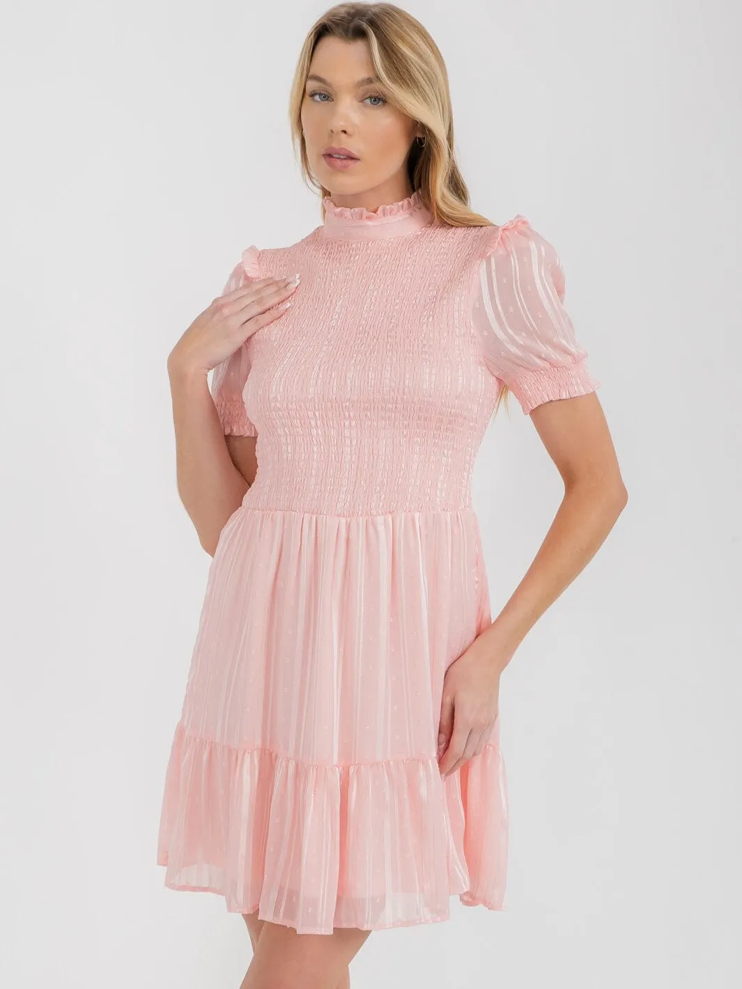 WOMEN'S SHORT SLEEVE TIERED SMOCK SWISS SHIMMER MINI DRESS